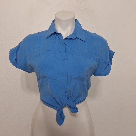 Zara Girls Blue Short Sleeve Tie Front Button Front Blouse Size 10 - Picture 1 of 11